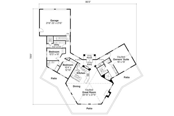 Floor Plan - Main Floor for Mediterranean House Plan #124-936 - 3 bed, 2 bath
