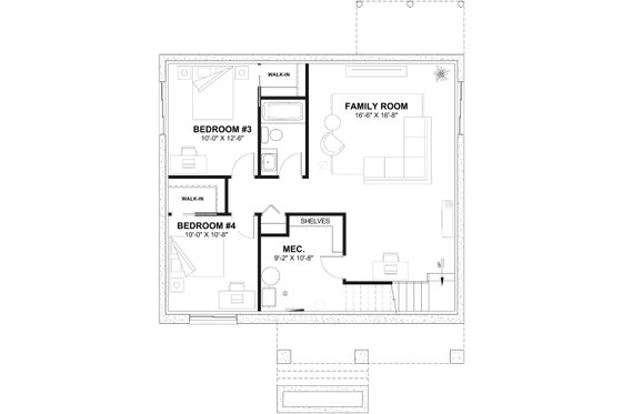 Floor Plan - Lower Floor for Bungalow House Plan #23-2812 - 2 bed, 1 bath