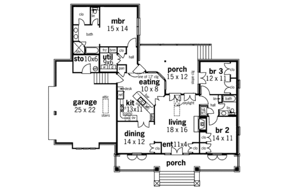 Floor Plan - Main Floor for Country House Plan #45-338 - 3 bed, 2 bath
