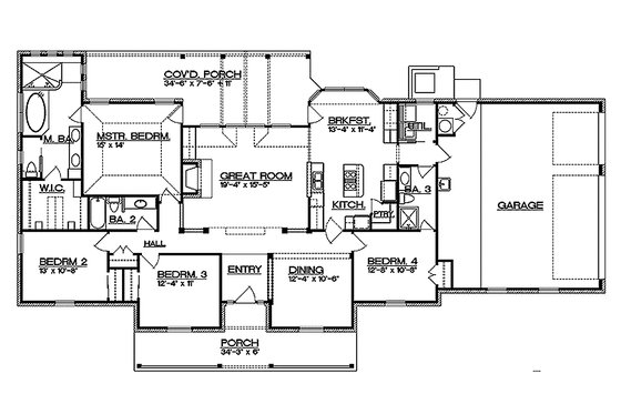 Floor Plan - Main Floor for Ranch House Plan #935-2 - 4 bed, 3 bath