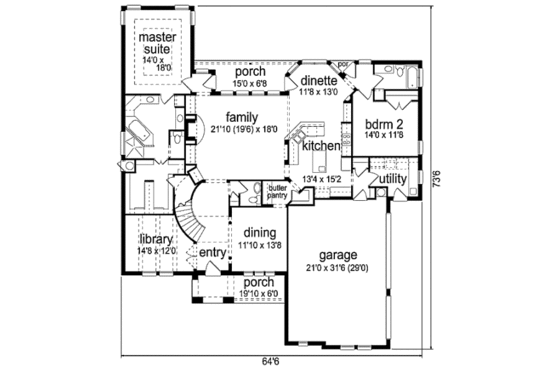 Floor Plan - Main Floor for European House Plan #84-465 - 4 bed, 3.5 bath