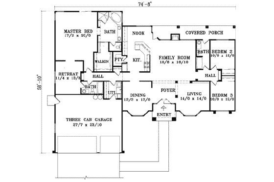 Floor Plan - Main Floor for Ranch House Plan #1-1461 - 3 bed, 3 bath