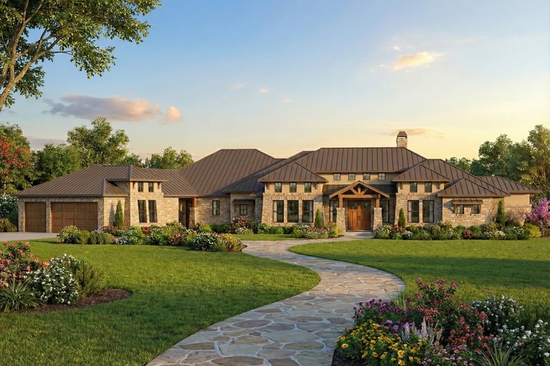 Dream House Plan - Exterior - Front Elevation 3 for Prairie House Plan #80-211 - 4 bed, 4 bath