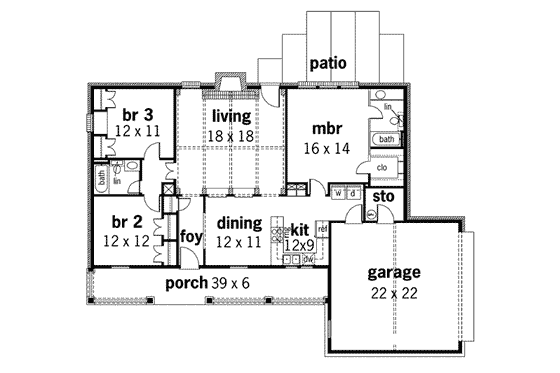 Floor Plan - Main Floor for Ranch House Plan #45-109 - 3 bed, 2 bath
