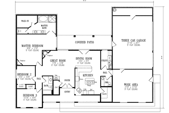 Floor Plan - Main Floor for Mediterranean House Plan #1-521 - 3 bed, 2.5 bath