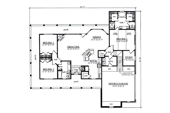 Floor Plan - Main Floor for Farmhouse House Plan #42-393 - 3 bed, 2 bath