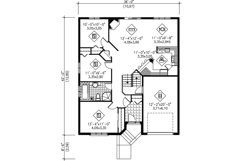 House Plan Design - Floor Plan - Main Floor for Contemporary House Plan #25-1048 - 3 bed, 1 bath
