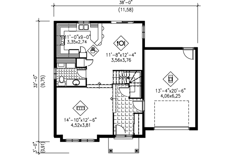 House Plan Design - Floor Plan - Main Floor for European House Plan #25-222 - 3 bed, 1.5 bath