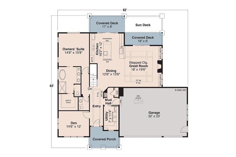 House Design - Floor Plan - Main Floor for Craftsman House Plan #124-1414 - 3 bed, 2.5 bath