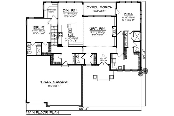 Floor Plan - Main Floor for Ranch House Plan #70-1461 - 2 bed, 2.5 bath