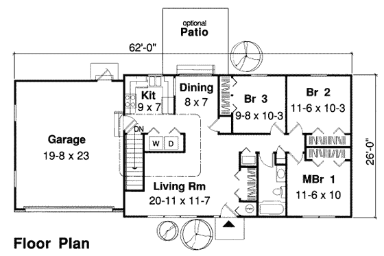 Floor Plan - Main Floor for Ranch House Plan #312-350 - 3 bed, 1 bath
