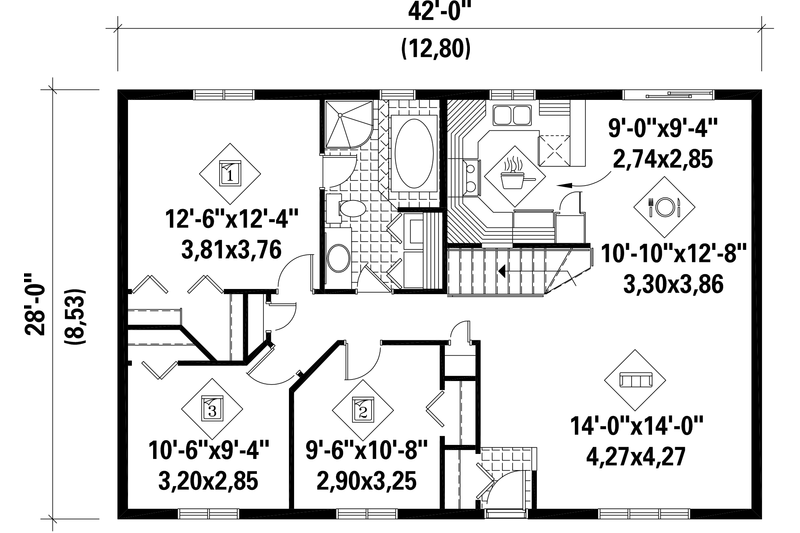 Home Plan - Floor Plan - Main Floor for Country House Plan #25-4806 - 3 bed, 1 bath