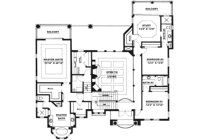House Blueprint - Floor Plan - Upper Floor for European House Plan #27-201 - 3 bed, 4 bath