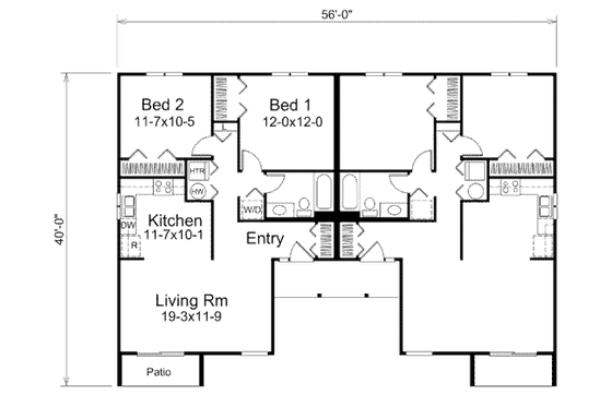 Floor Plan - Main Floor for Traditional House Plan #57-419 - 2 bed, 1 bath