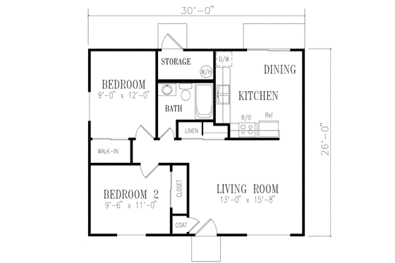 Floor Plan - Main Floor for Ranch House Plan #1-113 - 2 bed, 1 bath