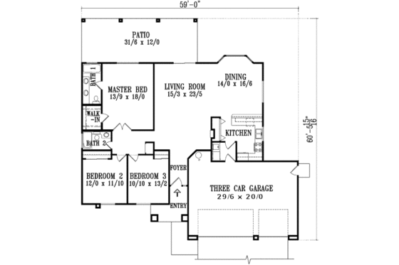 Floor Plan - Main Floor for Adobe / Southwestern House Plan #1-596 - 3 bed, 2 bath