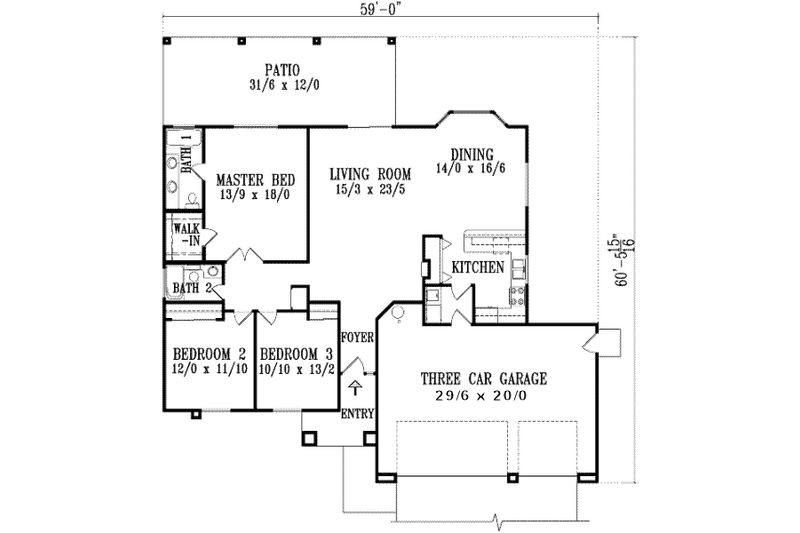 House Plan Design - Floor Plan - Main Floor for Adobe / Southwestern House Plan #1-596 - 3 bed, 2 bath