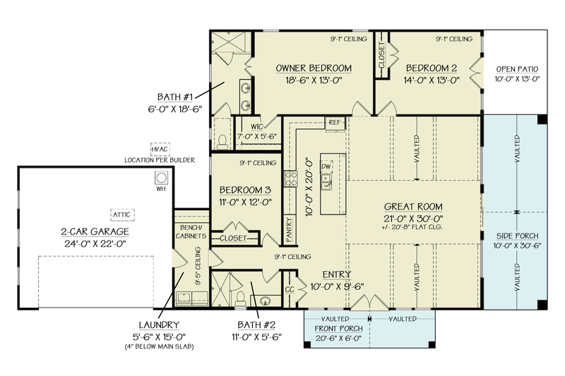 House Design - Floor Plan - Main Floor for Farmhouse House Plan #119-458 - 3 bed, 2 bath