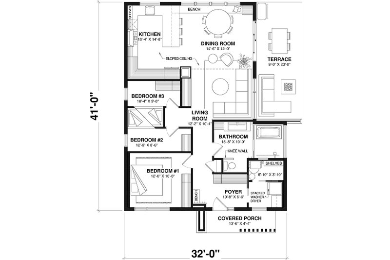 House Blueprint - Floor Plan - Main Floor for Contemporary House Plan #23-2834 - 3 bed, 1 bath
