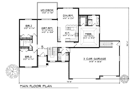 Floor Plan - Main Floor for Traditional House Plan #70-168 - 3 bed, 2 bath