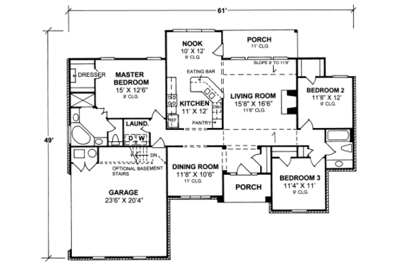 Floor Plan - Main Floor for Traditional House Plan #20-338 - 3 bed, 2 bath