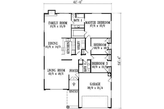 Floor Plan - Main Floor for Mediterranean House Plan #1-1347 - 3 bed, 2 bath