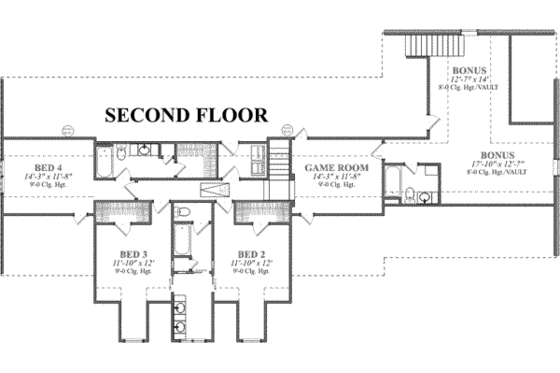 Floor Plan - Upper Floor for Southern House Plan #63-125 - 4 bed, 4.5 bath