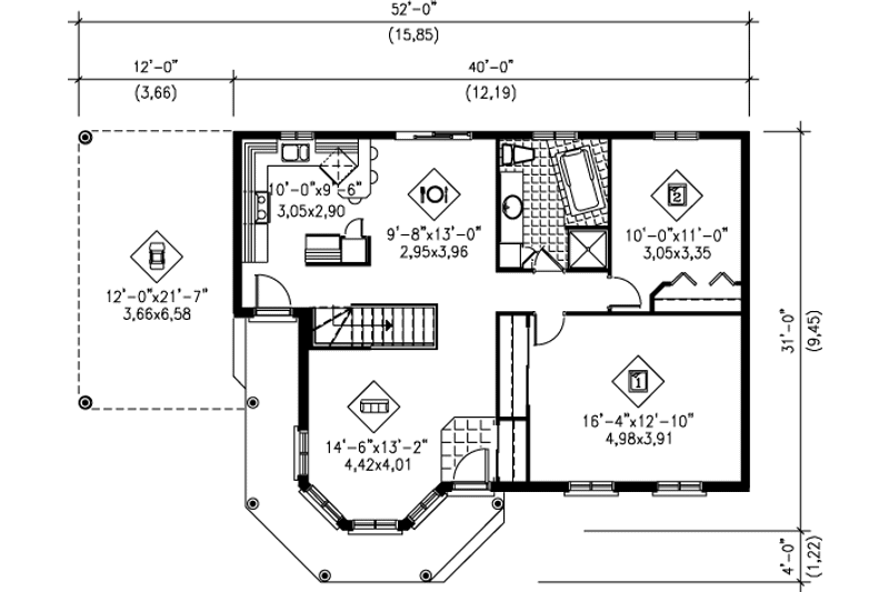 House Blueprint - Floor Plan - Main Floor for Traditional House Plan #25-183 - 2 bed, 1 bath