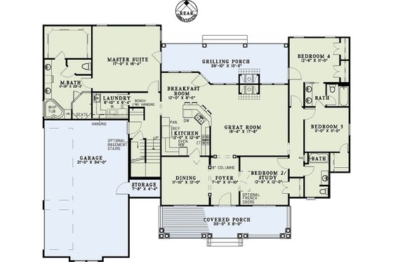 Floor Plan - Main Floor for Southern House Plan #17-2587 - 4 bed, 3 bath