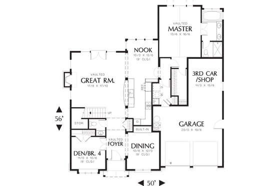 Craftsman Style house plan, bungalow design, main level floor plan