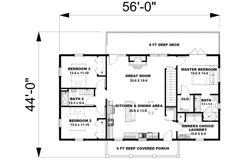 Home Plan - Floor Plan - Main Floor for Farmhouse House Plan #44-277 - 3 bed, 2 bath