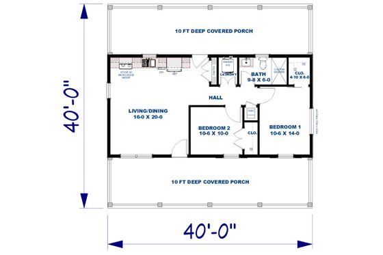 Floor Plan - Main Floor for Cottage House Plan #44-298 - 2 bed, 1 bath
