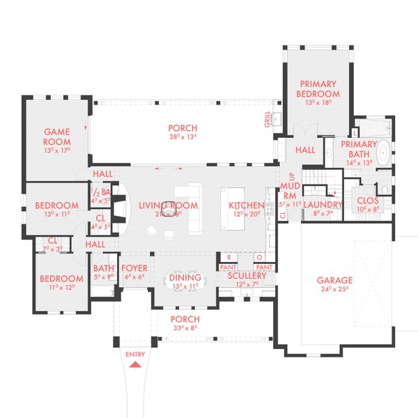 Dream House Plan - Floor Plan - Main Floor for Farmhouse House Plan #80-230 - 4 bed, 2.5 bath