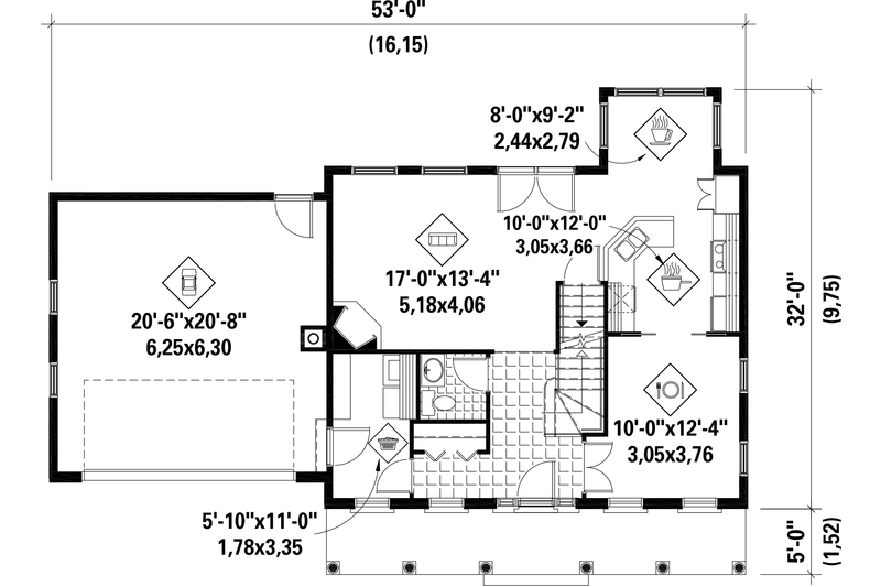 House Blueprint - Floor Plan - Main Floor for Colonial House Plan #25-4678 - 3 bed, 2 bath