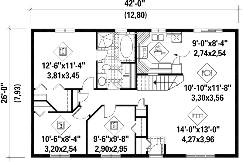 Dream House Plan - Floor Plan - Main Floor for Country House Plan #25-4832 - 3 bed, 1 bath