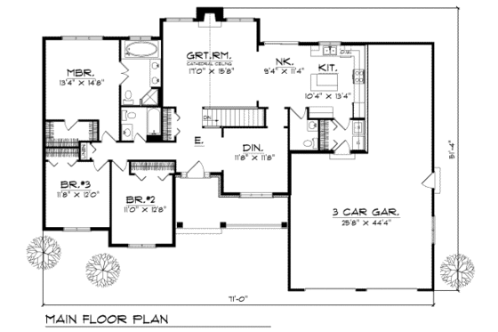 Floor Plan - Main Floor for Traditional House Plan #70-208 - 3 bed, 2.5 bath