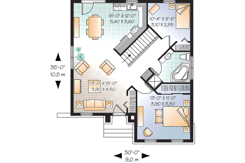 House Blueprint - Floor Plan - Main Floor for Cottage House Plan #23-619 - 2 bed, 1 bath