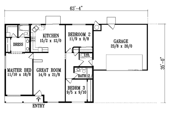 Floor Plan - Main Floor for Adobe / Southwestern House Plan #1-1184 - 3 bed, 2 bath