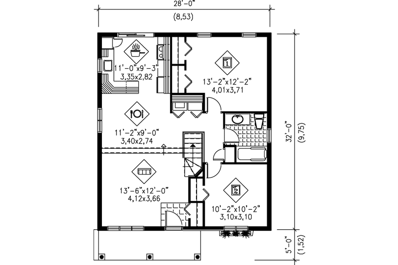 House Blueprint - Floor Plan - Main Floor for Cottage House Plan #25-152 - 2 bed, 1 bath