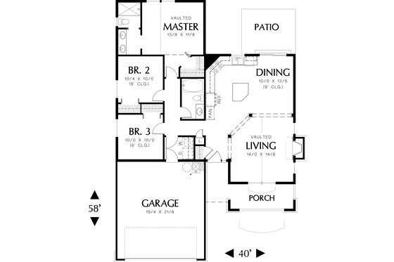 Main level floor plan - 1275 square foot Craftsman home