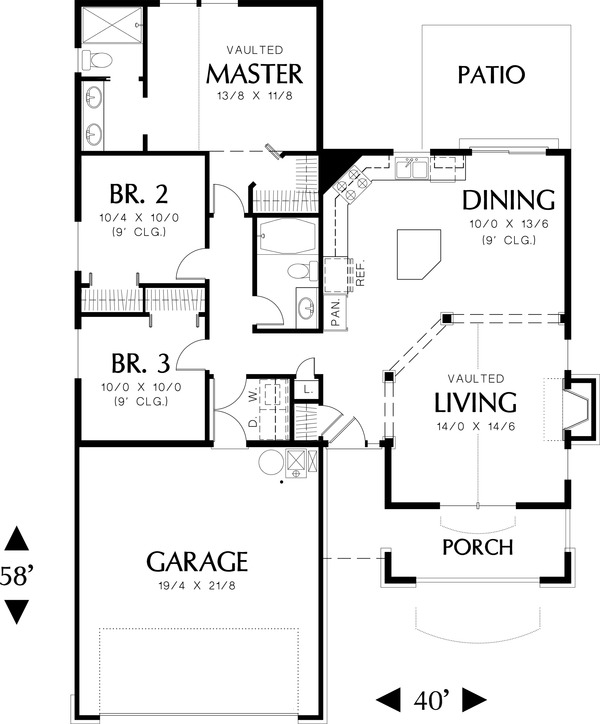 Main level floor plan - 1275 square foot Craftsman home
