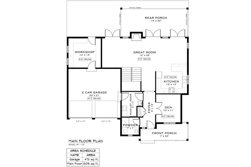 House Design - Floor Plan - Main Floor for Farmhouse House Plan #1101-11 - 3 bed, 2.5 bath