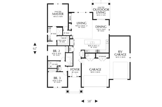 Floor Plan - Main Floor for Ranch House Plan #48-949 - 3 bed, 2 bath