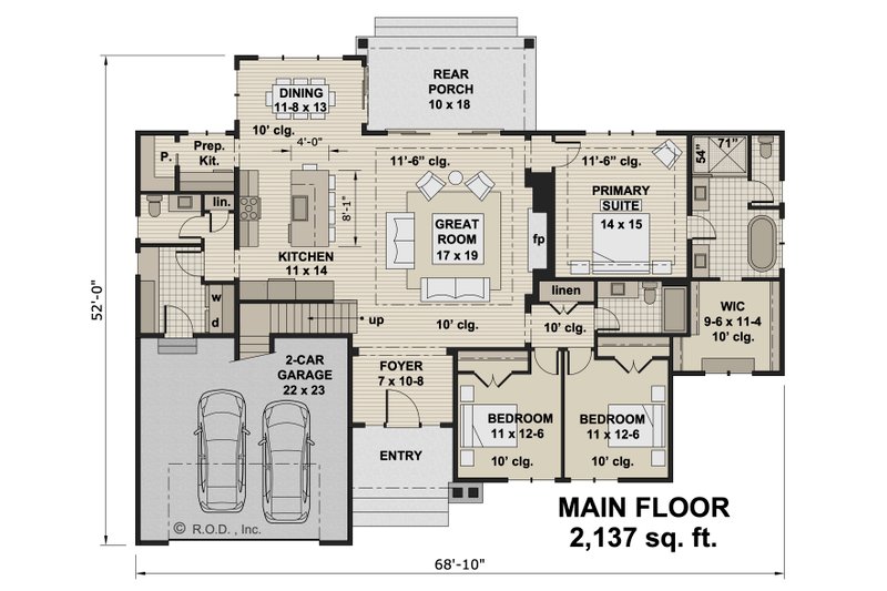 House Blueprint - Floor Plan - Main Floor for Farmhouse House Plan #51-1217 - 3 bed, 2.5 bath