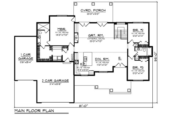 Floor Plan - Main Floor for Craftsman House Plan #70-1479 - 3 bed, 2 bath