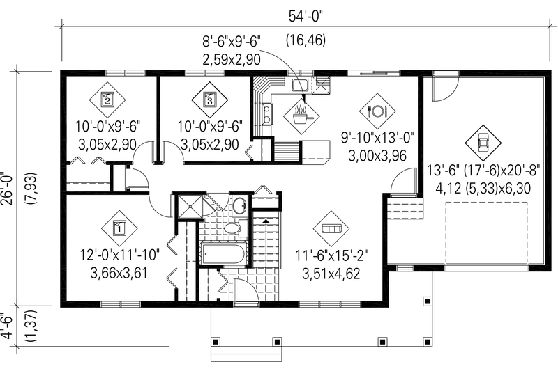 House Blueprint - Floor Plan - Main Floor for Country House Plan #25-4461 - 3 bed, 1 bath