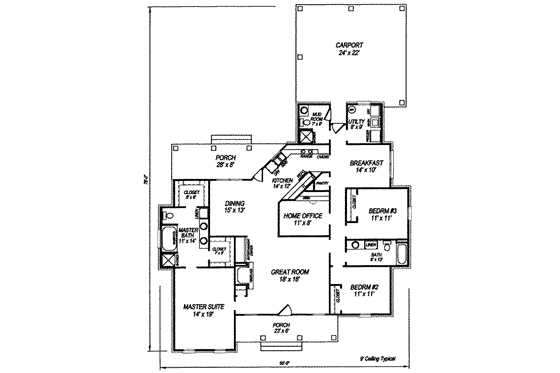 Floor Plan - Main Floor for Colonial House Plan #14-227 - 3 bed, 2 bath