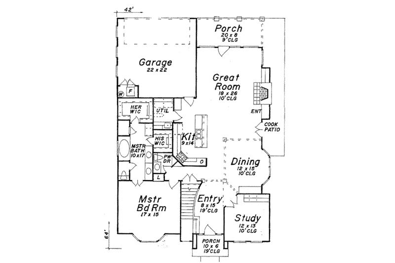 House Blueprint - Floor Plan - Main Floor for European House Plan #52-163 - 3 bed, 2.5 bath