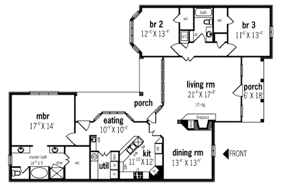 Floor Plan - Main Floor for Traditional House Plan #45-310 - 3 bed, 2 bath
