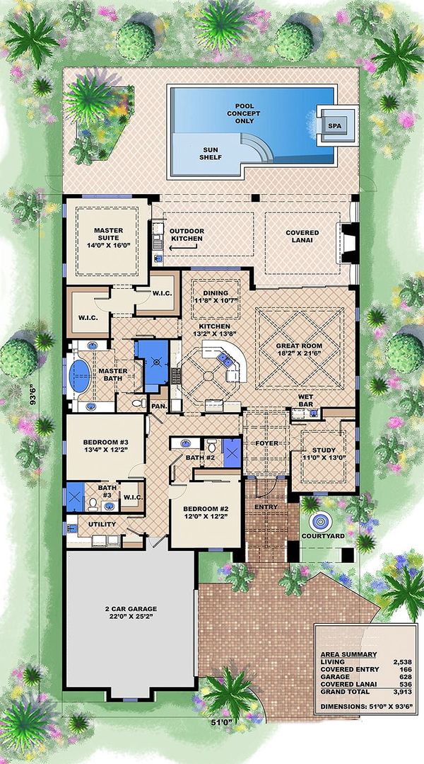 House Design - Southwestern style house plan, main level floor plan